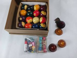 lot 167 image: You shoot pool Nice Pool Ball Set Complete - Lifetime supply of chalk and light covers