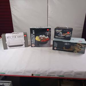 lot 180 image: New in Boxes - Fondue - Smore Maker - Mason Earthen ware Bel Fer Gray Kitchen Gadgets