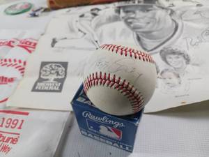 lot 195 image: Sports Memorabilia - North Star Jersey - Mount Rushmore Bat - Homer Hanky - Twins Cup and Flag - 1987 World Champs - Buttons Rod Carew Poster - Ticket stub 1992 Signed Baseball