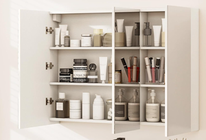 lot 414 image: Tangkula Mirrored Medicine Cabinet, Large Wide Wall Mounted Storage Cabinet with 3 Mirror Doors & Adjustable Shelf, Hanging Bathroom Organizer, White, 34.5 x 5 x 25.5 Inches