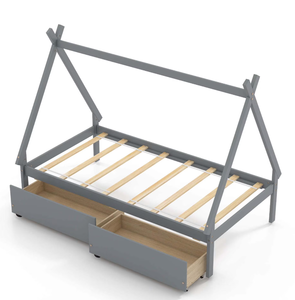 lot 415 image: Costway Twin Size Wooden House Bed with 2 Drawers Roof Storage for Boys & Girls Gray (Missing Hardware. Missing Parts or Pieces. Assembly Was Attempted)