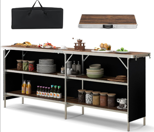 lot 306 image: COSTWAY 81 Folding Picnic Table, Portable Bar Table with Carry Bag, Lightweight Aluminum Food Prep Station with 2 Shelves, Quick Set-up, BBQ, Party, Backyard, Brown