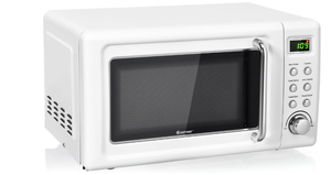 lot 322 image: COSTWAY Retro Countertop Microwave Oven, 0.7Cu.ft, 700-Watt, High Energy Efficiency, 5 Micro Power, Delayed Start Function, with Glass Turntable & Viewing Window, LED Display, Child Lock (White)