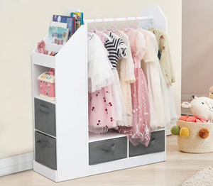 lot 344 image: Dress up Storage wMirror, Kids Costume Organizer, 42.13 Inch Portable Closets with Large Storage Space, Open Armoire Closet, for Children Bedroom Party Nursery, NATURAL WOOD COLOR