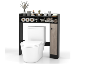lot 347 image: COSTWAY Over The Toilet Storage Cabinet, Freestanding Bathroom Organizer with Single Door Cabinet, Open Shelves, Space Saver Toilet Rack with Adjustable Shelves for Small Space (Black)