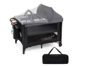lot 355 image: Costway BE10061DK Foldable Baby Bassinet with 4 Adjustable Heights Changing Table & Mattress - Black
