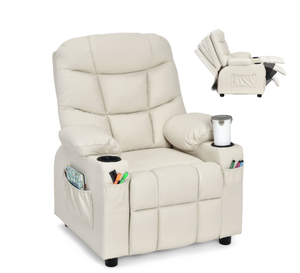 lot 87 image: Costway Kids Youth Recliner Chair PU Leather wCup Holders & Side Pockets Beige