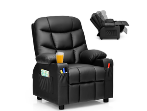 lot 88 image: Costway Kids Youth Recliner Chair PU Leather wCup Holders & Side Pockets Black