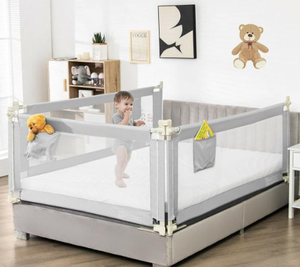lot 388 image: Costway BS10025GR 69.5 in. Toddler Bed Rail with Anti-Collision Cotton & Side Pocket, Gray