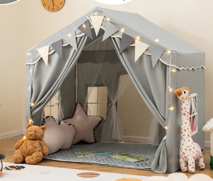 lot 389 image: Kids Play Tent, 3-4 Kids Large Play Tent House w2 Opening Doors, Star Lights & Plaid Pennants