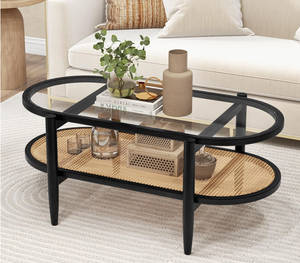 lot 399 image: KOTEK Rattan Coffee Table, Oval Solid Wood Tea Table with Tempered Glass Tabletop & PE Rattan Storage Shelf, Mid Century Modern Coffee Table, Boho Center Table for Living Room Office (Black)