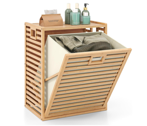 lot 421 image: Giantex Tilt Out Laundry Hamper, Bamboo Laundry Storage Cabinet with Removable & Foldable Fabric Bin, Top Shelf, Laundry Basket Organizer for Bathroom, Laundry Room, Living Room, Bedroom, Natural