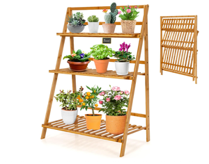lot 433 image: Giantex 3 Tier Folding Storage Shelf, Bamboo Ladder Plant Stand, Multiple Flower Pot Holder Succulent Display Rack, Foldable Shelving