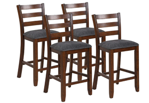 lot 10 image: COSTWAY Set of 4 Counter Height Bar Stool, 25.5-Inch Upholstered Bar Stools with Solid Rubber Wood Frame, Foam-Padded Cushion, Footrest, Kitchen Chair for Bistro, Living Room, Grey and Brown