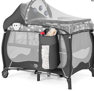 lot 23 image: BABY JOY 4 in 1 Pack and Play, Portable Baby Playard with Bassinet, Adjustable Canopy, Changing Table, Lockable Wheels, Music Box, Travel Baby Crib Bassinet from Newborn to Toddler