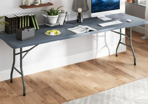 lot 29 image: Costway NP11984GR 8 ft. Portable 350 lbs Fold-in-Half Folding Table with HDPE Tabletop - Gray