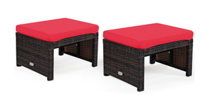 lot 111 image: Costway 2PCS Patio Rattan Ottoman Cushioned Seat Foot Rest Furniture Red
