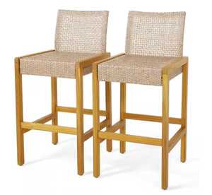 lot 118 image: Costway Set of 2 Patio Wood Outdoor Bar Stools Rattan Bar Height Chairs with Backrest Porch Balcony