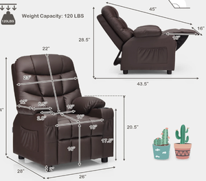lot 121 image: Costway Kids Youth Recliner Chair PU Leather wCup Holders & Side Pockets Brown