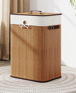 lot 140 image: Costway JZ10137YW 19 gal Rectangle Bamboo Clothes Hamper Laundry Basket with Handles & Lid - Yellow