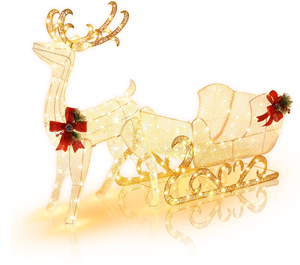 lot 141 image: Costway 6 FT Christmas Lighted Reindeer & Santas Sleigh W 215 LED Lights & 4 Stakes Gold