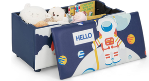 lot 145 image: Costzon Kids Toy Storage Bench, Upholstered Toy Organization Chest with Padded Cushion Seat, Carry Handles, Faux Leather Foot Rest Ottoman Stool for Playroom, Bedroom, Living Room (Astronaut)