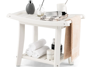 lot 232 image: Giantex Shower Bench, HDPE Waterproof Shower Stool with Storage Shelf