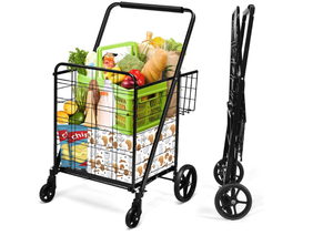 lot 116 image: COSTWAY Folding Shopping Cart, Extra Jumbo Double Basket Grocery Cart
