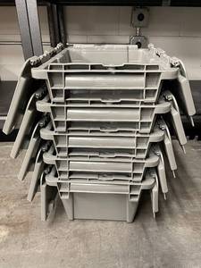 lot 35ZA image: Set of 6 Gray Stackable Plastic Storage Crates with Hinged Lids