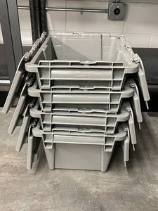 lot 42ZA image: Set of 4 Gray Plastic Storage Bins with Attached Lids, Stackable, 12x10x8 Inches