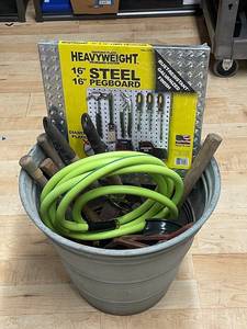 lot 43ZA image: 16 Steel Pegboard, Garden Hose & Assorted Hand Tools in Metal Container