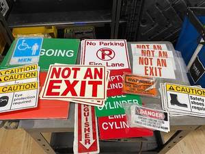 lot 45AD image: Lot of Various Industrial Safety and Directional Signs Including Not An Exit, Caution, No Parking Signs