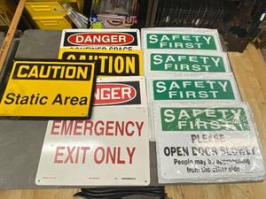 lot 51AD image: Lot of Industrial Safety Signs Caution, Danger, Emergency Exit, Safety First, Open Door Slowly