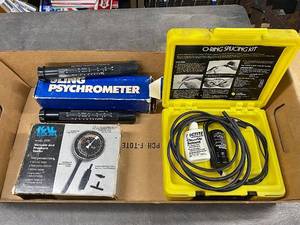 lot 58AD image: Complete Set Loctite O-Ring Splicing Kit, Kal Equip Vacuum Pressure Tester, Sling Psychrometer