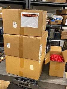 lot 63AD image: Lot of 3 Red 41 Stanchion Kit 93605 with Base, Ball Top, Adapter, C-Hook, and Two 16 Poles