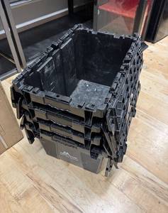 lot 8J image: Set of 4 Stackable Black Plastic Storage Totes with Attached Lids