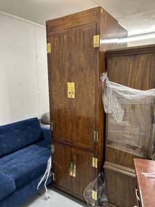 lot 1 image: Tall Wooden Storage Cabinet with Shelves and Drawers, Brass Hardware - Cabinet one of two, matches Lot 4