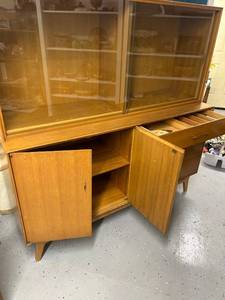 Mid-Century Modern Wood China Hutch with Glass Doors