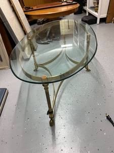 lot 9 image: Glass Top Brass Coffee Table with Curved Base