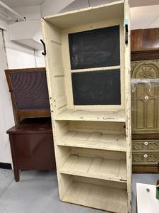 lot 18 image: Vintage Tall Wooden Cabinet with Chalkboard Panels 32x16x80