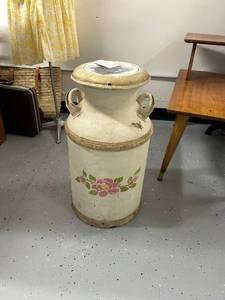 lot 24 image: Vintage 24-Inch Painted Metal Milk Can with Floral Design