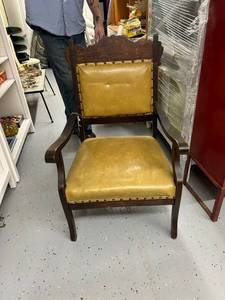 lot 27 image: Vintage Wooden Armchair with Yellow Upholstered Seat and Back