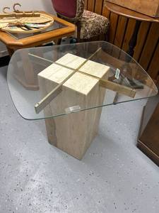 lot 29 image: Glass Top Side Table with Stone Base and Brass Accents 22x24x22