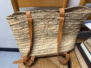 lot 96 image: Handwoven Grass Backpack with Leather Straps