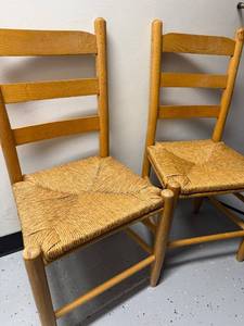 lot 98 image: Pair of Ladder Back Wooden Chairs with Woven Rush Seats