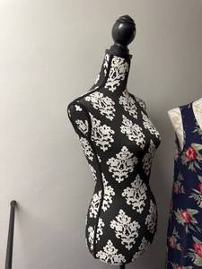 lot 100 image: Adjustable Fabric Dress Form Mannequin with Black and White Damask Pattern