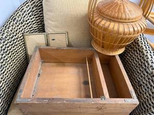 lot 107 image: Vintage Wooden Drawer, Wicker Basket, and Brass Photo Frames Set