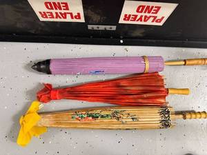 lot 110 image: Set of 3 Hand-Painted Asian Paper Parasols with Floral Designs