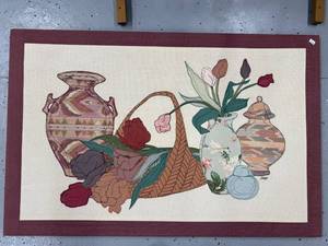 lot 111 image: Framed Textile Wall Art with Vase and Floral Embroidery 36x24 Inches