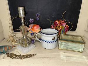 lot 159 image: Decorative Tabletop Set with Crystal Lamp, Metal Butterfly, Sea Life Ornaments, Glass Box, and Ceramic Pitcher
